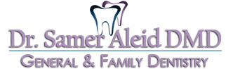 The image is a logo with text that reads Dr. SAMER ALEID DMD General Family Dentistry, featuring a stylized graphic of a dental clinic, and includes a purple and white color scheme.